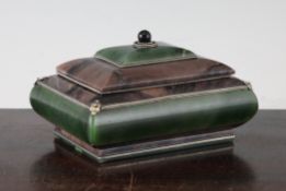 A Russian green nephrite and jasper box, of cushion form with white metal rope twist edge mounts and