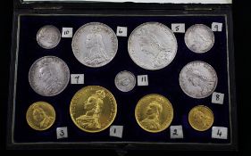 A cased Queen Victoria 1887 Jubilee coin set, comprising eleven coins from gold £5 to silver