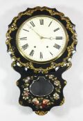 A Victorian papier mache drop dial wall clock, with mother of pearl inset floral decoration and