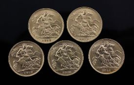 Five George V gold half sovereigns, 1911, 1912(2), 1913 & 1914.