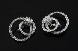 A pair of Italian 18ct white gold and diamond set graduated double hoop ear clips, post 1968 mark,