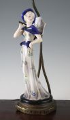 A Goldscheider pottery figure of a lady holding a parasol, modelled by Lorenzl, now mounted as a