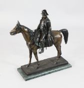 A large patinated bronze model of Napoleon on horseback, on a rectangular marble base, signed