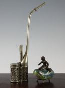 A Chinese Paktong water pipe and a Chinese bronze and cloisonne enamel water pot, c.1910, the