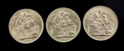 Three George V gold full sovereigns, 1911 & 1912(2), uncirculated.