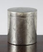 A Chinese paktong cylindrical jar and cover, early 20th century, engraved with the figure of a
