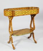 A French two tier vide poche , c.1900, with satinwood and tulip wood lattice parquetry inlay and