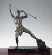 Uriano. A French Art Deco figure of a hunter with spear, on rectangular black marble base, signed,