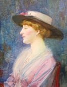 Joseph Walter West RWS (1860-1933)oil on canvas,Portrait of a lady wearing a broad brimmed hat and