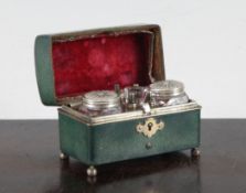 A late 18th century travelling desk set, the green stained shagreen box with silver mounts and