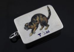 A late Victorian novelty silver and enamel vesta case, decorated with an angry cat, "Tom" by