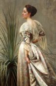 Henry John Hudson (1881-1912)oil on canvas,Portrait of a lady standing in an elegant ballgown beside