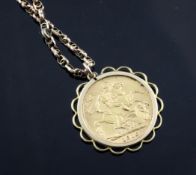 A George V 1911 gold sovereign pendant in a 9ct gold mount, on a 9ct gold chain.