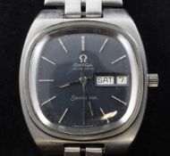 A gentleman`s 1970`s stainless steel Omega Seamaster automatic wrist watch, the brushed blue dial