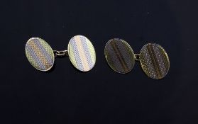 A pair of engine turned 18ct three colour gold oval cufflinks, 10.1 grams.