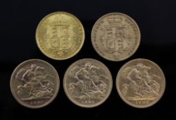Five Victoria gold half sovereigns, 1972, 1887, (both shield backs), 1895, 1897 & 1900.