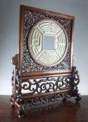 A Chinese rosewood and crackle glaze porcelain mounted table screen, 20th century, the central