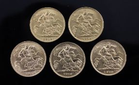 Five George V gold half sovereigns, 1912, 1913(2) & 1914(2).