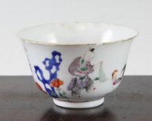 A Chinese famille rose `chicken` cup, Qianlong seal mark but early 20th century, painted with a