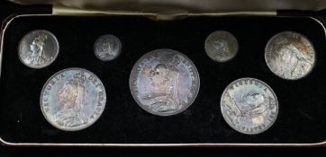 A cased Victorian 1887 Silver Jubilee set, comprising seven coins from crown to threepence.