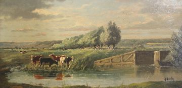 Alfred Robert Quinton (1853–1934)pair of oils on canvas,River landscapes with cattle beside weirs,