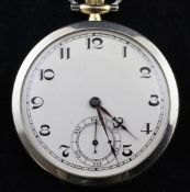 A 1920`s 18ct two colour gold keyless lever dress pocket watch, with Arabic dial and subsidiary