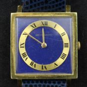 A gold and lapis lazuli Jaegar Le Coultre manual wind dress wrist watch, with square Roman dial,