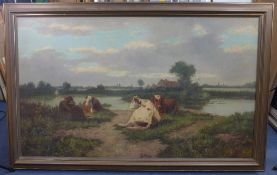 Mark Fisher (1841-1923)oil on canvas,Cattle seated beside a river,signed,30 x 49.5in.