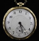 A 1920`s 18ct two colour gold keyless lever dress pocket watch, with Arabic dial and subsidiary