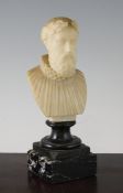 A 19th century Italian alabaster bust of Ludovico Ariosto, on a serpentine marble socle, on a square