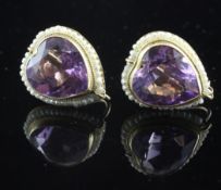 A pair of 14ct gold, amethyst and seed pearl set heart shaped ear clips, 0.75in.