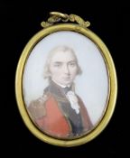 English School c.1800oil on ivory,Miniature of an army officer,Ex. Collection Ernest Salaman,2.5 x