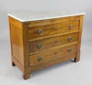 A 19th century French marble top walnut commode, the three drawers with urn and swag brass