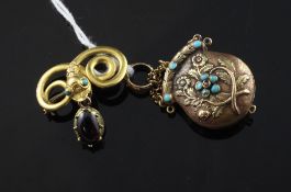 A Victorian two colour gold, turquoise and ruby set locket, modelled as a purse, with foliate