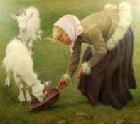 E. Kügeloil on canvas,Woman feeding goats,signed and dated 1906,37 x 41in.