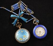 An early 20th century Swiss silver and blue enamel fob watch, with Arabic dial, on associated silver