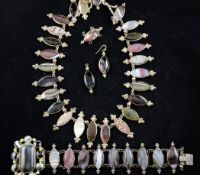 A late Victorian gilt metal and agate set demi parure, comprising necklace, bracelet and pair of