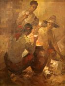 Cesar Buenaventura (1922-1983)oil on canvas laid on board,Fishermen drinking around a brazier at