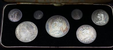 A cased Victorian 1887 Silver Jubilee set, comprising seven coins from crown to threepence.