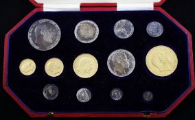 A cased 1902 Edward VII Coronation specimen coin set, comprising thirteen coins from gold £5 down to