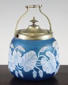 A Victorian blue cameo glass biscuit barrel, late 19th century, probably Thomas Webb & Sons,