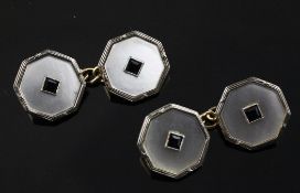 A pair of 1920`s 9ct yellow and 18ct white gold, sapphire and mother of pearl cufflinks, of