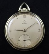 A 1940`s 14ct gold Omega keyless lever dress pocket watch, with quarterly Arabic and dot numerals,