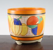 A Clarice Cliff Melon pattern jardiniere, of tapering cylindrical form with three fin shaped feet,