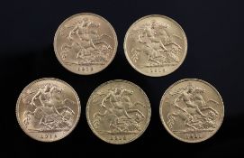 Five George V gold half sovereigns, 1911, 1912, 1913(2) & 1914.