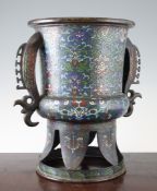 A large Chinese or Japanese archaistic bronze and champleve enamel censer and cover, the tapering