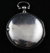 A George III silver pair cased keywind verge pocket watch with maritime inscription, by T. Rugless?,