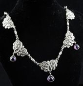 A South African Art Nouveau Candida sterling silver and amethyst drop necklace, with stylised