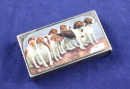 A Victorian silver and enamel vesta case by Sampson Mordan & Co, decorated with a pack of hunting