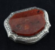 A late 18th century silver and agate snuff box, of cartouche form, with inset agate lid and engraved